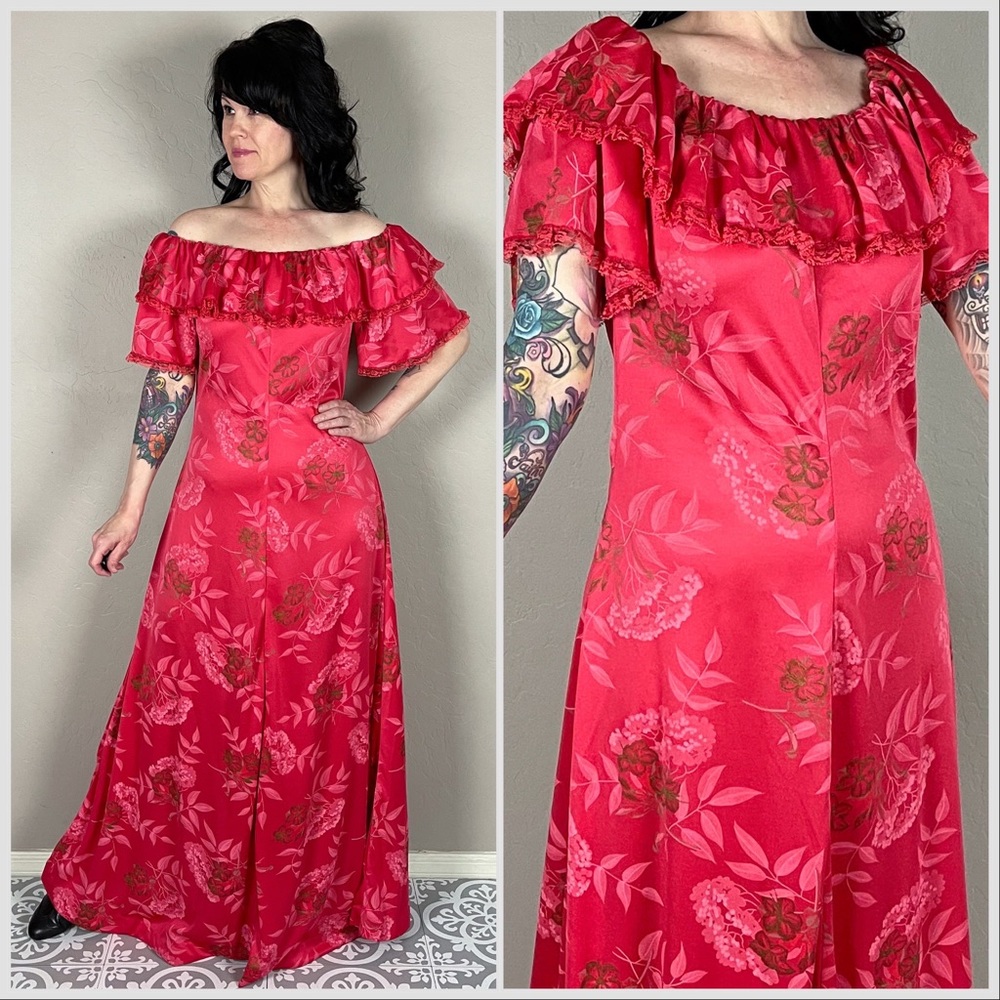 Vintage 60s/70s Handmade Pink Hawaiian Ruffle Maxi Dress - Picture 5 of 7